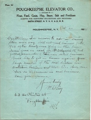 1924 Poughkeepsie Elevator Co. Handwritten Letter NY Agriculture Ephemera