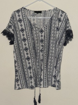 Fred David White Navy Geometric Lace Tassel V-Neck Short Sleeve Blouse L