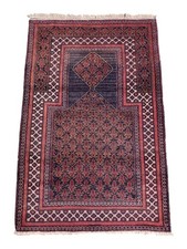 Vintage Hand-Knotted Prayer Rug 3'1"x4'8" Red Blue Afghan Baluchi Wool Tribal
