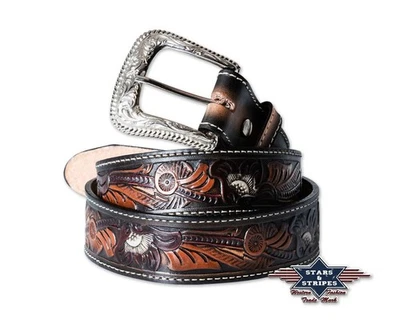 STARS & STRIPES Rinds- Ledergürtel Westerngürtel m. weißen Nähten wg-98 - Produktvideo :-)