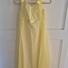 Vintage 60s Yellow w White Lace Maxi Dress Formal Gown Attached Chiffon Cape