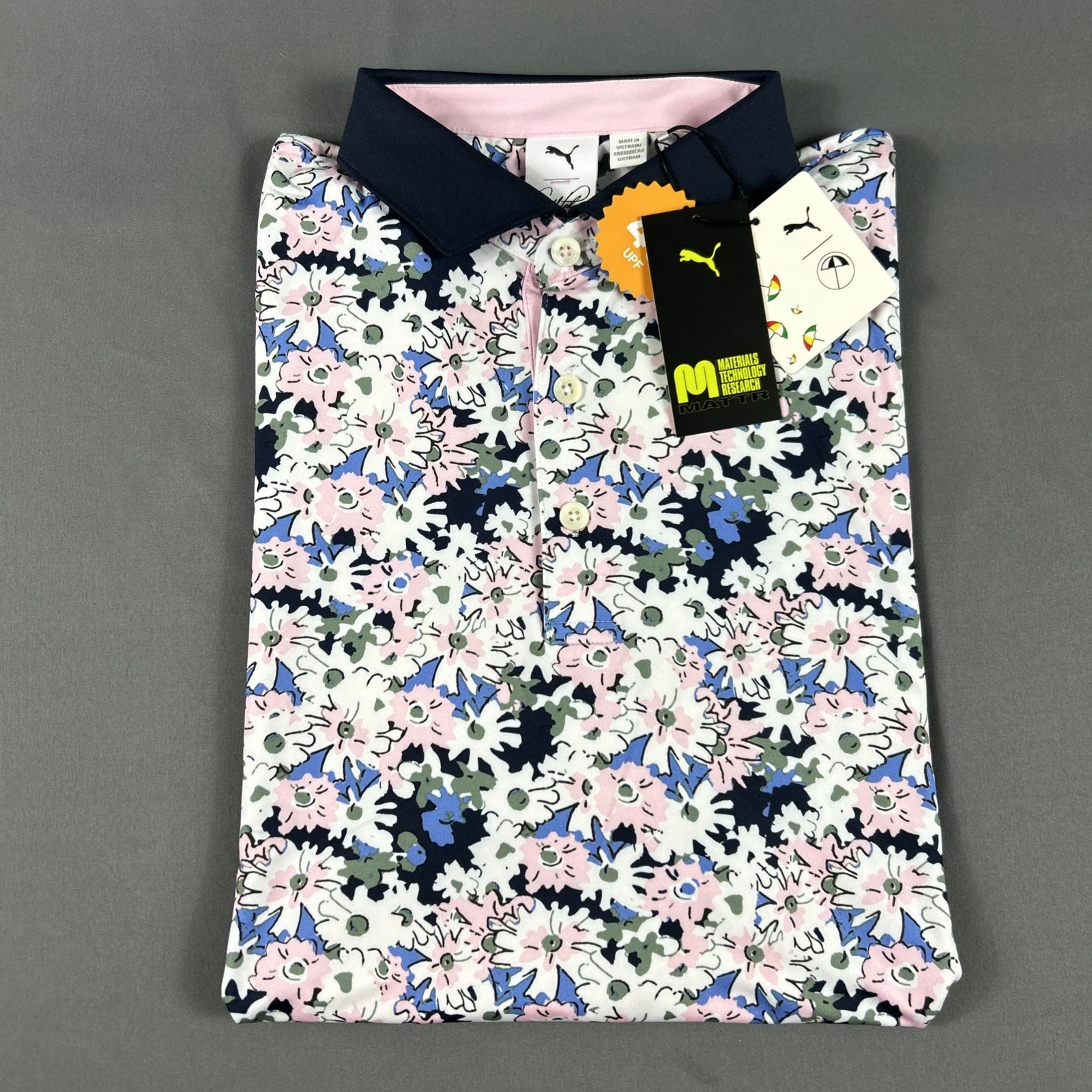 Puma Golf Shirt Polo Arnold Palmer Floral Print Medium Pink Polyester MSRP $90