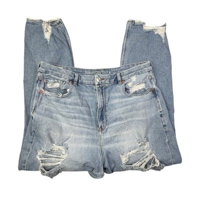 American Eagle Curvy Mom Jean 18 Light Wash Distressed High Rise Stretch Tapered