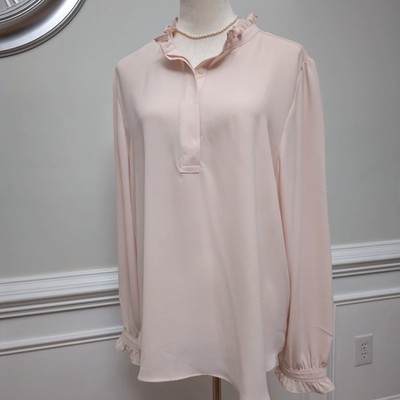 LOFT Ruffle Neck Smocked Cuffs Pale Pink Semi Sheer Blouse XL Pastel Chic Office