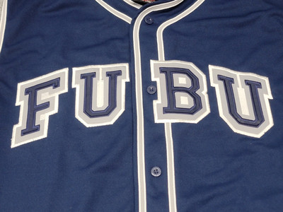 FUBU ベースボールシャツ　XXL 90s FUBU ベースボールゲームTシャツ ビッグサイズ ワッペン 紺