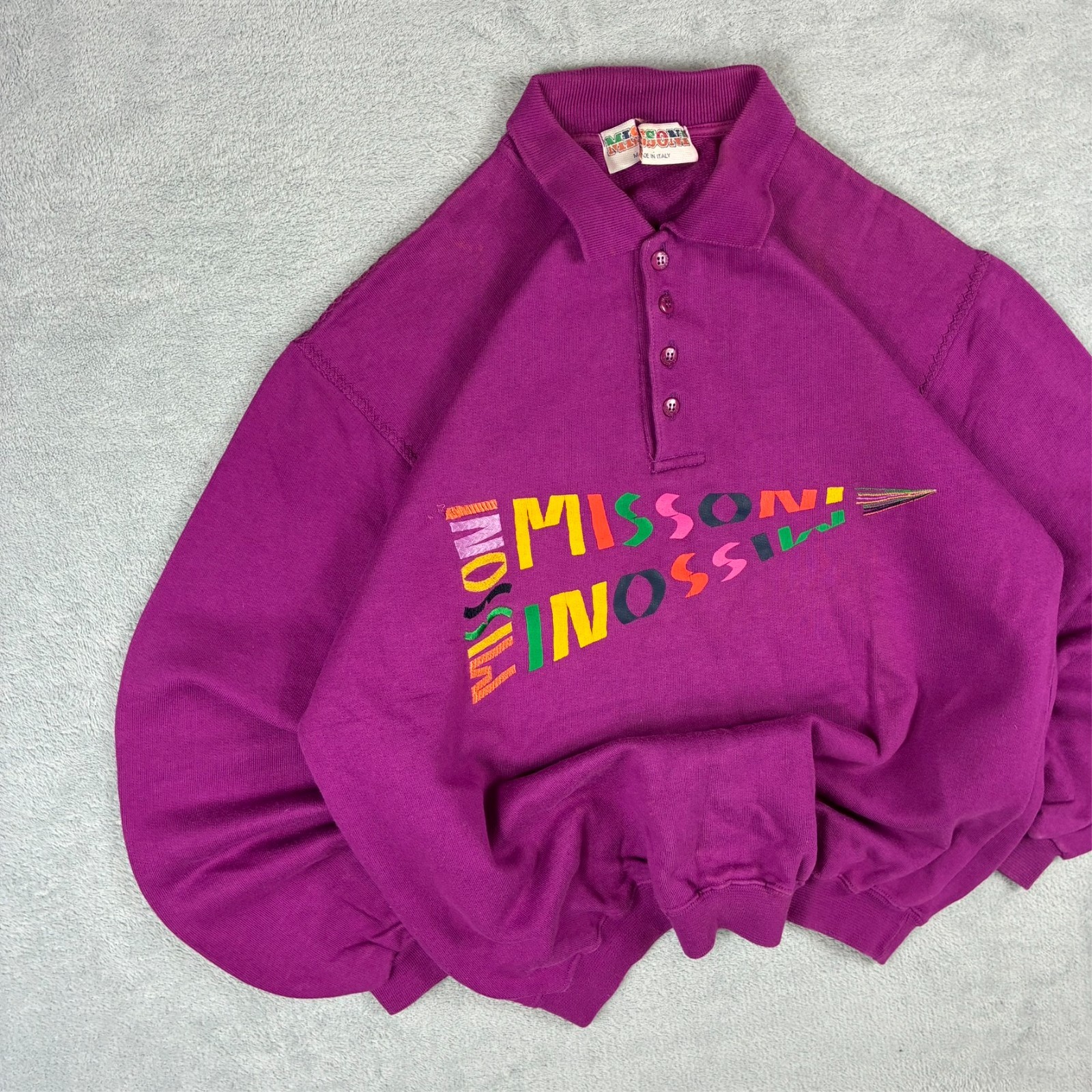 Women's VTG Missoni 1980's Purple Spellout Logo Sz 42 / Medium Button Up Jumper image 2