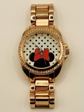 Disney/Accutime Minnie Mouse Rose Gold Bracelet Watch Rhinestone Bezel New Cond  
