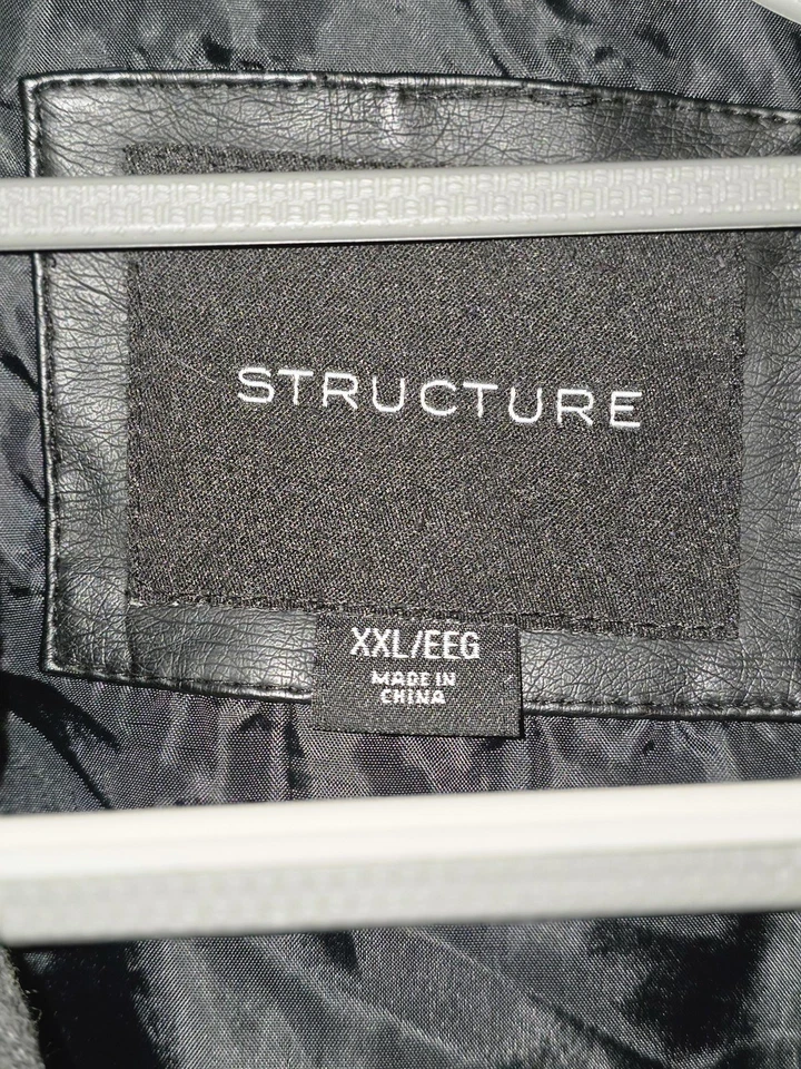 Structure Jacket Mens 2XL Black Hooded Faux Leather Bomber Zip Pockets Lined - Image 2 of 4