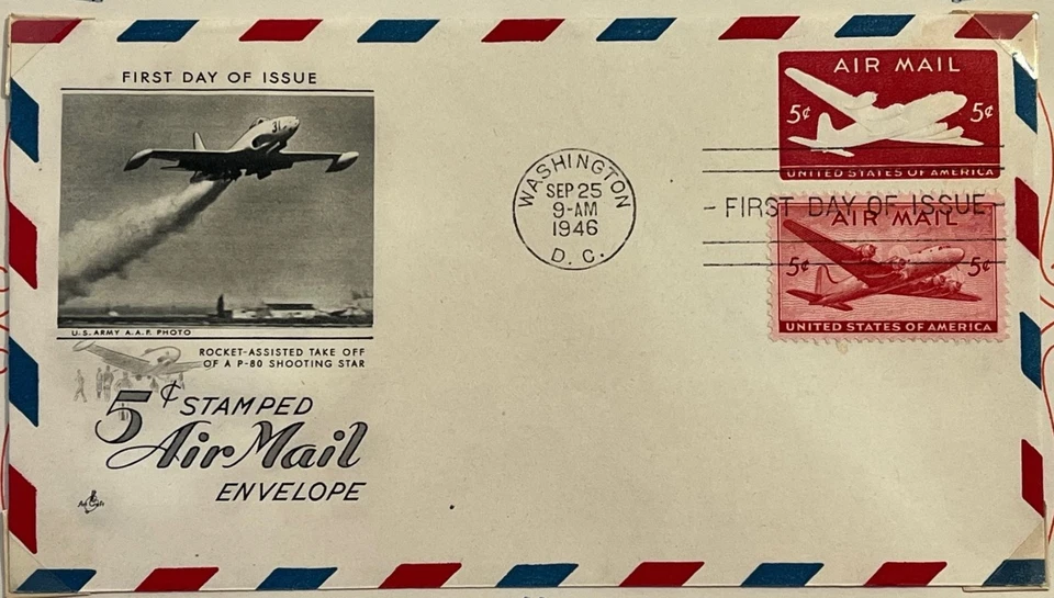 1946 5C Airmail #C32 & #UC15 FDCs (2) w/ (2) 4-blocks of C32 Stamps - Art Craft - Image 2 of 4
