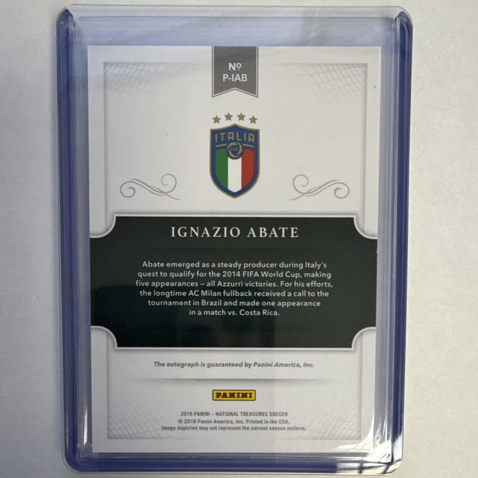 Panini 2018 National Treasures Soccer Ignazio Abate Italy P-IAB Auto 05/10 view 2