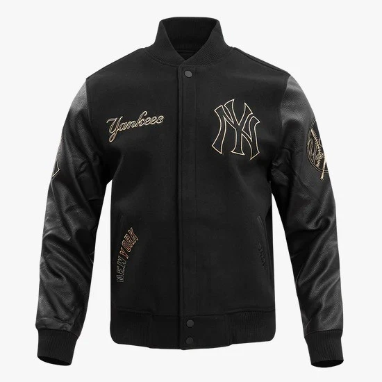 New York Yankees Baseball Varsity Jacket Black Wool & Leather Bomber Style Coat - product detail image 1