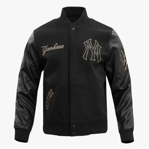 New York Yankees Baseball Varsity Jacket Black Wool & Leather Bomber Style Coat - product listing photo