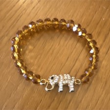 Gold Crystal Beaded Bracelet Elephant Dangle Charm Animals Theme Clear Stone
