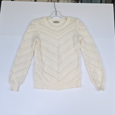 LOFT Ivory 100 Cotton Balloon Slve Open Cable Knit Pullover Sweater SZ XS, Y2K
