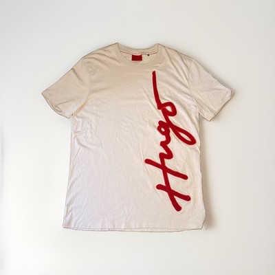 HUGO Boss Mens Pink Dyton T-Shirt Red Script Flocked Velvet Logo Graphic Tee