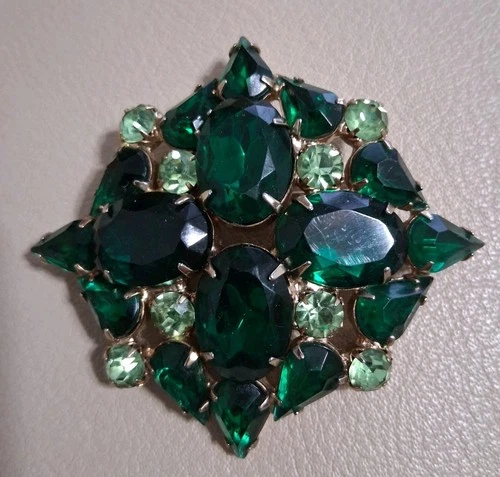 Vintage 2 Tone Green Rhinestone Pin Brooch Costume Jewelry Not Signed Juliana ?