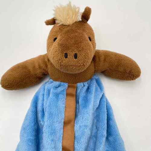 Mud Pie Blue Horse Lovey Minky Brown Satin Trim Baby Security Blanket Mudpie - Afbeelding 1 van 13