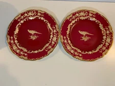 Vintage Copeland Spode Porcelain Pair of Red Plates w/ Bird & Gold Floral Dec.