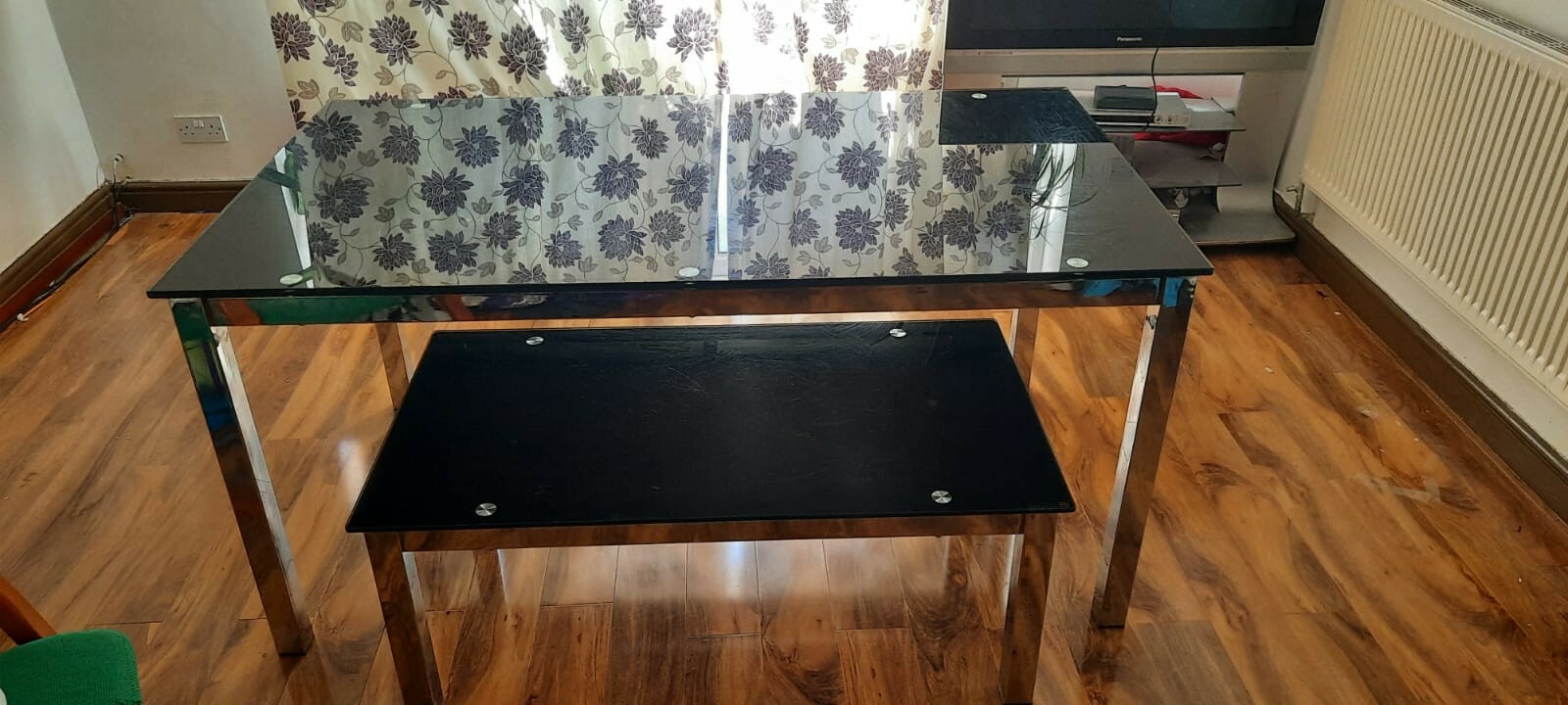 Black Glass & Polished Steel Dining Table x Coffee Table Set eBay