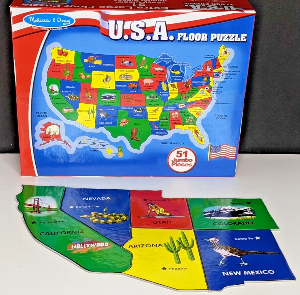 Rompecabezas de mapa de piso Melissa & Doug EE. UU. educación en el hogar geografía 51 piezas grandes COMPLETO Foto 2 de 3