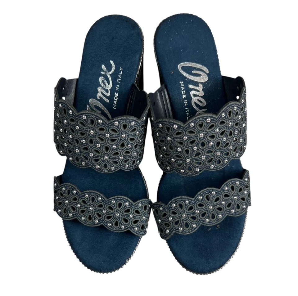 Sandálias anabela de couro jeans Onex quadril tamanho 5.5-6 nova sem caixa recortes plataforma cravejada - Imagem 2 de 4