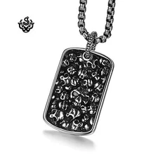 Silver dog tag grave yard solid skull bones pendant chain necklace Soft Gothic