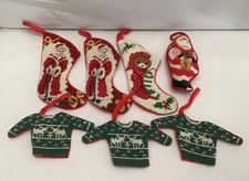 7 Vntg Needlepoint Mini Christmas Stockings Reindeer “ugly” Sweaters Ornaments