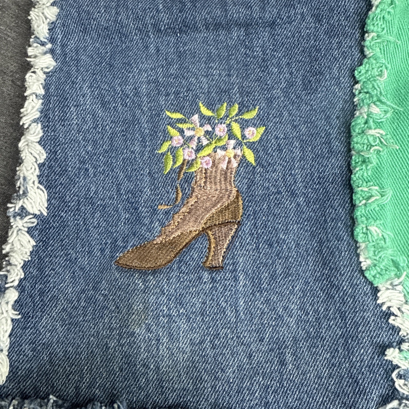 Handmade Denim Patchwork Tote Bag Embroidered Flo… - image 7