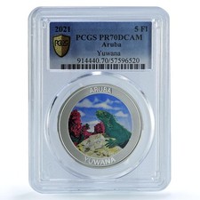 Aruba 5 florins Yuwana KM-68 Wildlife Fauna Lizard PR 70 PCGS silver coin 2021