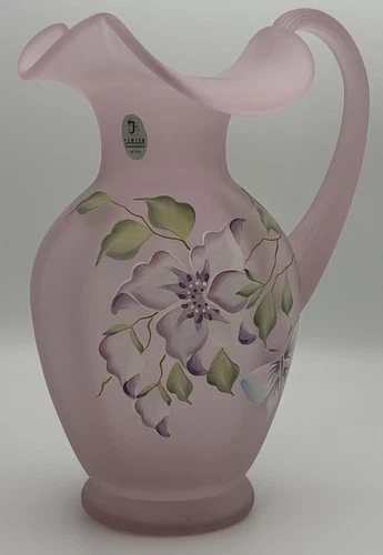 FENTON GLASS PINK CHIFFON SATIN PITCHER HAND PAINTED