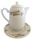 Homer Laughlin 3 Pc Teapot Lid Under Plate Seville Pattern 12 oz Pink Flower