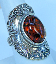 Or Paz Israel Sterling Silver Amber Full Finger RING Sz. 8 Scroll Work