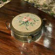Antique Victorian Original Bed Warmer Pot Brass With Needlepoint Primitive Round