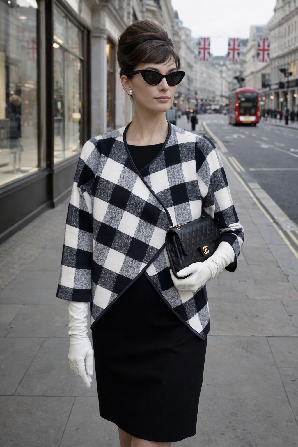 Vintage Style Black White Check Wrap Sweater Cardigan Womens, Small Cotton Blend