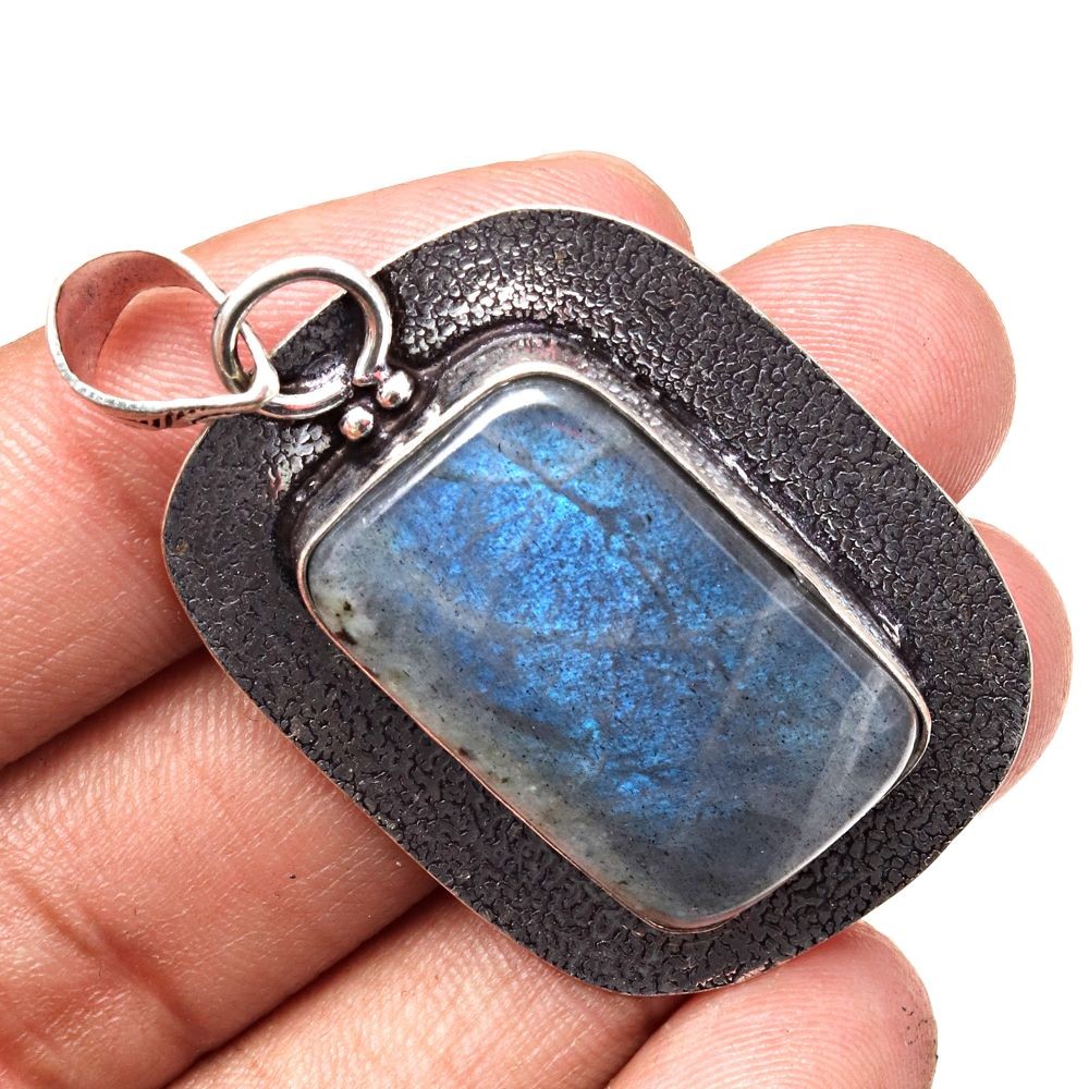 Blue Fire Labradorite Pendant Silver Jewelry Mother's Day Gift 2 Inch