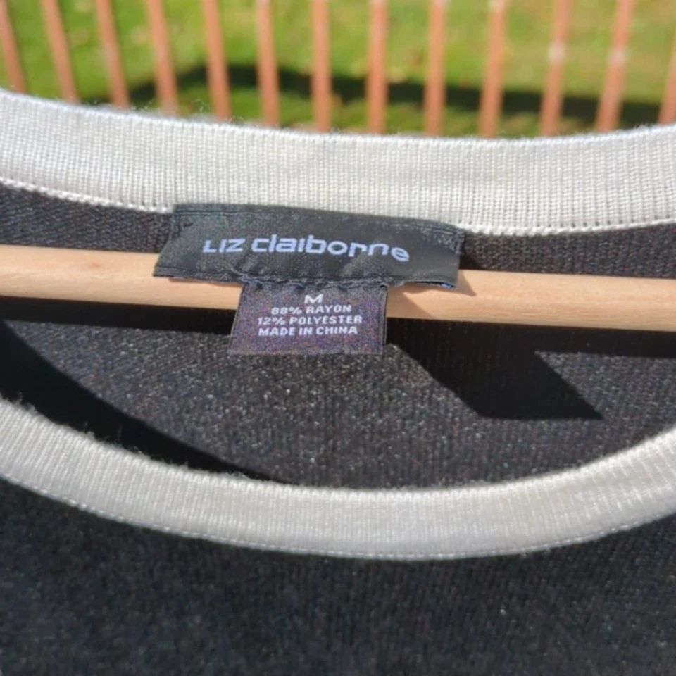 Liz Claiborne Sweater Dress Sz Med Black White Trim Classic Chic Layered Ruffle - Image 2 of 4