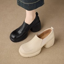 Womens Round Toe Real Leather Sheepskin High Block Heel Spring Shoes Platform Sz