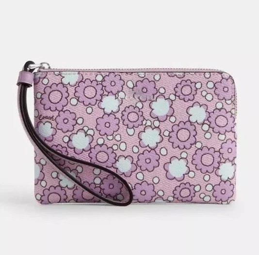 Bracciale Coach Angolo Zip in Tela Stampa Floreale Argento Giglio Multistrato Nuovo con etichette