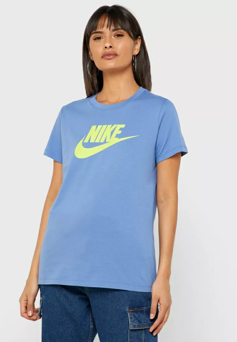 Nike Womens Essential Icon Futura T Shirt BV6169 458 Size Small Blue Ind Cyb