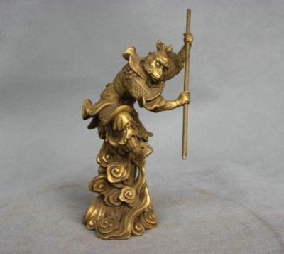 Rare China Myth Bronze Sun Wukong Monkey King Hold Stick Fight Statue