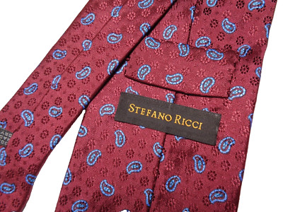 Stefano Ricci Made in Italy Red Blue Paisly Embossed Neat Silk Tie NWOT