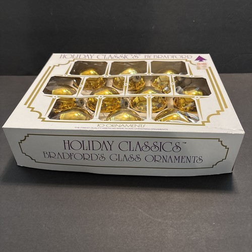 Vintage Box 10 Bradford 2.25 Inch Gold Glass Christmas Tree Ornaments MCM Retro - Picture 11 of 13