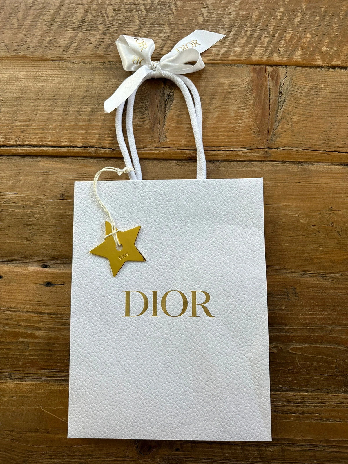 Sac cadeau shopping Dior logo métallique étoile petit or blanc RARE 8x10,25x3