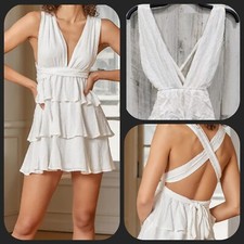 LULUS All About Bliss White Swiss Dot Tiered Halter Mini Dress Size LARGE**NWOT