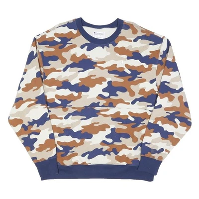 CHAMPION Sweatshirt Col Ras Du Cou Camouflage Bleu Marron Coton XL - Photo 1/4