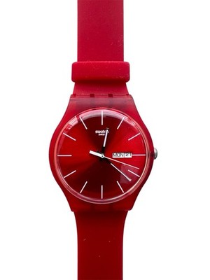 Swatch  SUOR701 Red Rebel Quartz Day/Date Analog Watch Red Plastic Strap 42mm