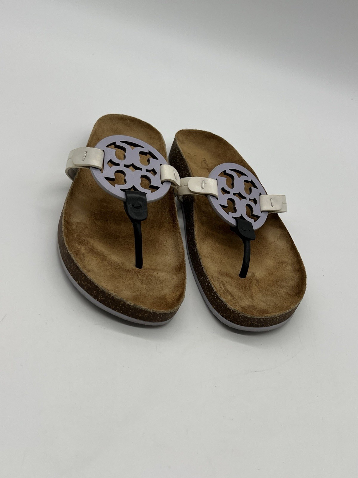 Tory Burch Miller Cloud Women’s 8.5 M Lavender Black Ivory Leather Cork Sandals.