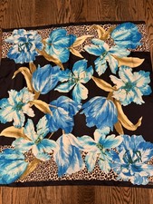 Adrienne Vittadini Blue Floral Animal Print Silk Scarf 34.5  X 35.5  