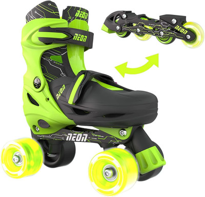 Neon Combo Skates | 2-1 Quad and Inline Skates for Kids with LED Wheels | Adjust