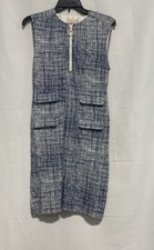 Tory Burch Women's Blue White Textured Zip Front Sleeveless Sheath Dress Sz S